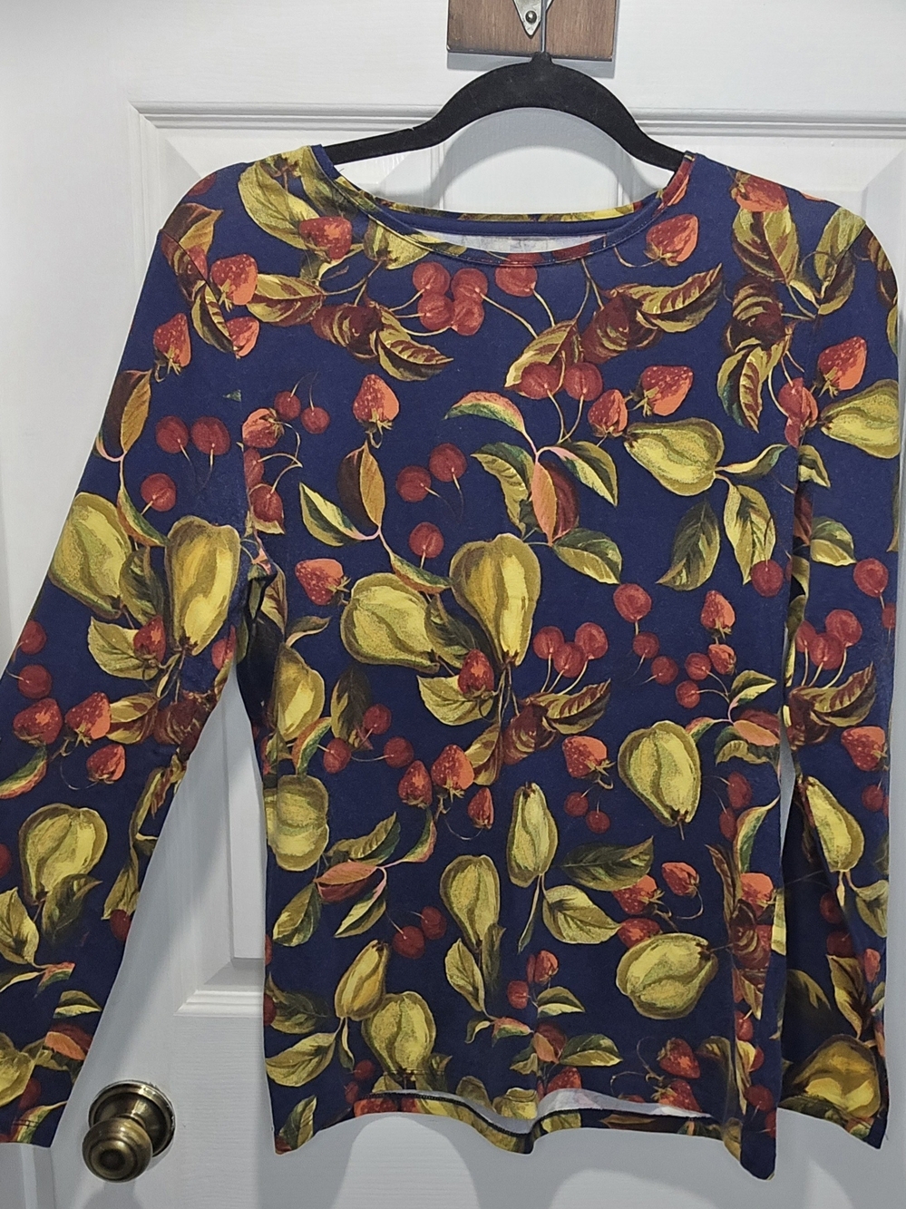 Talbots Women’s Navy Blue Floral Long-Sleeve Top with Yellow & Red Fruit Print